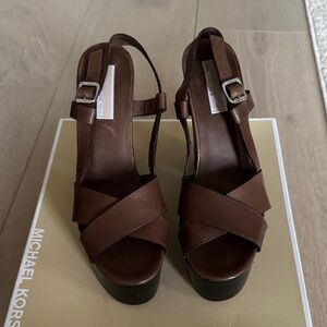Michael Kors Collection Gala Brown Leather Cross-Strap Platform Sandals